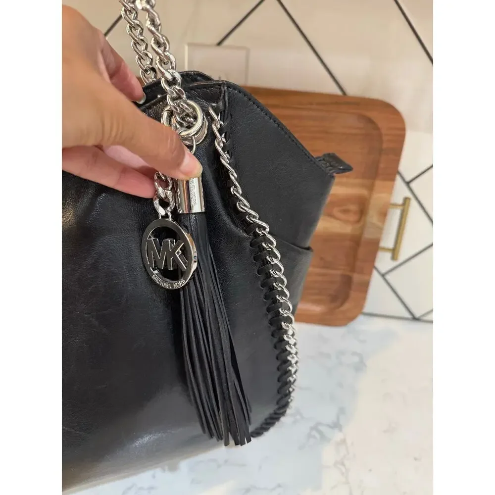 Michael Kors Chelsea shoulder bag black leather silver chain strap details 2012